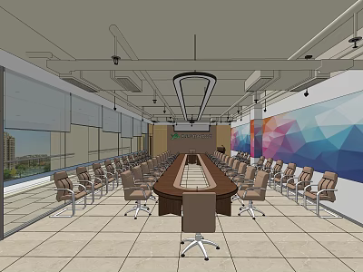 Modern Conference Room Interior With Long Table Multiple Chairs Large Windows And Geometric Wall Art 3d model