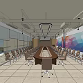 Modern Conference Room Interior With Long Table Multiple Chairs Large Windows And Geometric Wall Art