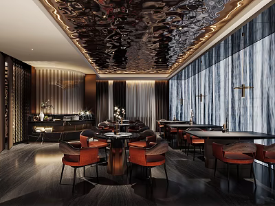 Luxury Restaurant Interior With Dark Ceiling Metal Decor Floor to Ceiling Windows And Leather Seats 3d model
