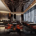 Luxury Restaurant Interior With Dark Ceiling Metal Decor Floor to Ceiling Windows And Leather Seats