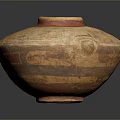 Sculptural Carving of Ancient Terracotta Vessel with Red Brown Patterns and Round Shape