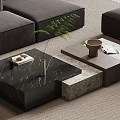 Modern Black Marble Coffee Table With Green Plant Vase Tray And Magazine In Living Room