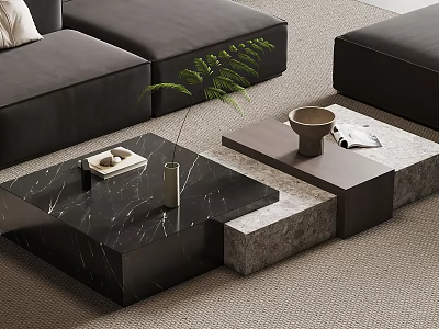 Modern Black Marble Coffee Table With Green Plant Vase Tray And Magazine In Living Room 3d model