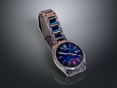 Stylish Fashion Watch With Silver Metal Bracelet And Blue Dial Roman Numeral Markers 3d model