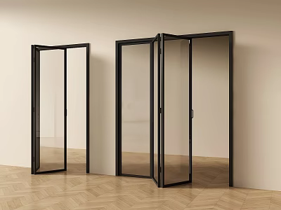 Modern Folding Doors With Black Frames Transparent Glass For Interior Light Wall And Wooden Floor 3d model