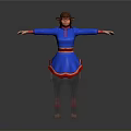 Woman in Blue Dress With Red Belt Arms Outstretched and Deer Legs Red Decorations