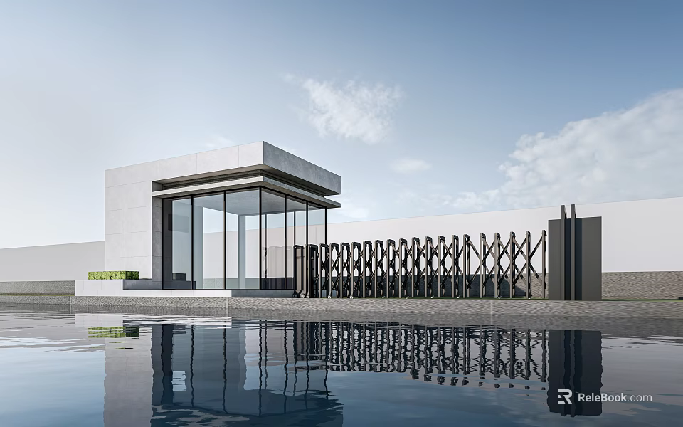 Modern Gate Design With Glass Panels Metal Fence And Water Reflection 3d model 
