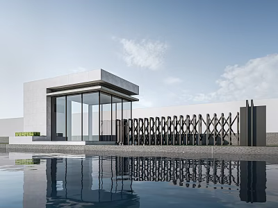 Modern Gate Design With Glass Panels Metal Fence And Water Reflection 3d model