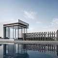 Modern Gate Design With Glass Panels Metal Fence And Water Reflection