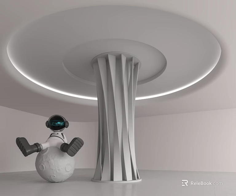 Modern Textured Pillar With Astronaut Figure On Moon Sphere And Circular Ceiling With LED Light 3d model 
