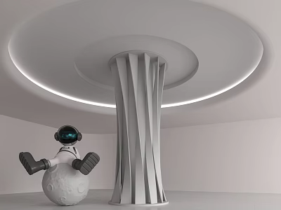 Modern Textured Pillar With Astronaut Figure On Moon Sphere And Circular Ceiling With LED Light 3d model