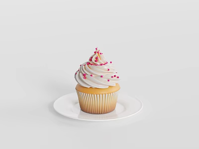 Delicious Cupcake With White Frosting And Pink Sprinkles On White Plate Light Background 3d model