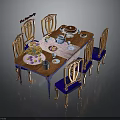 Elegant Classic Dining Furniture Set With Wooden Table Blue Cushioned Chairs And Decorative Dinnerware