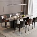 Modern Dining Table Set With Marble Tabletop Six Leather Chairs And Pendant Light 3d model