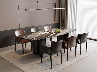 Modern Italian Dining Table and Chair Combination Leather Dining Chair Type Chandelier Decoration Rock Plate Dining Table Curtain Carpet 3d model