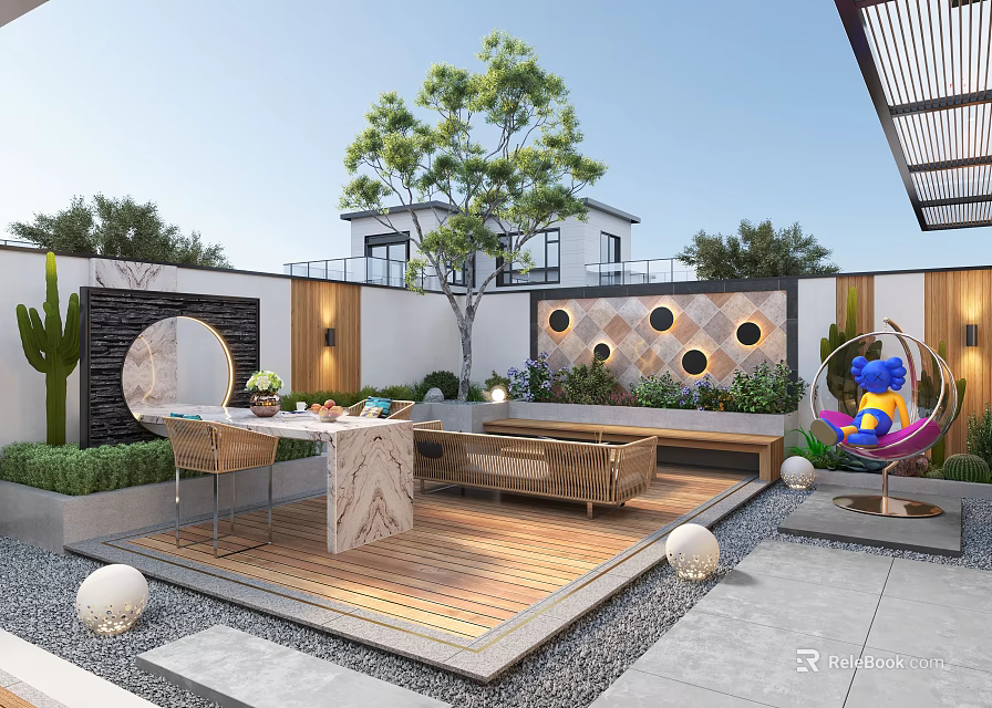 Courtyard Garden Featuring Wooden Deck Outdoor Dining Set Circular Decorative Wall And Hanging Chair 3d model 