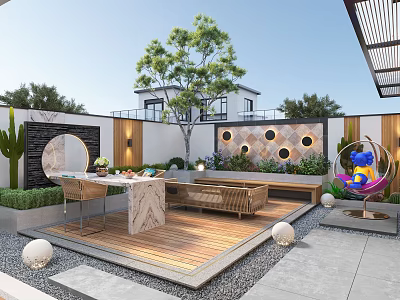 Courtyard Garden Featuring Wooden Deck Outdoor Dining Set Circular Decorative Wall And Hanging Chair 3d model