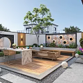 Courtyard Garden Featuring Wooden Deck Outdoor Dining Set Circular Decorative Wall And Hanging Chair
