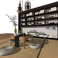 Japanese Style Tea Table Interior With Straw Mat Floor Round Cushions And Bookshelf Decorative Items