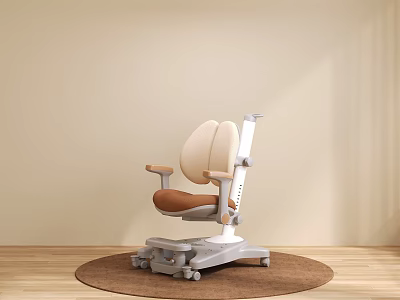 Ergonomic Modern Single Chair With Beige Padded Back Brown Seat And Wheels On Wooden Floor 3d model