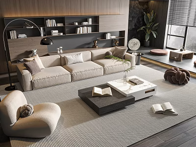 Modern Living Room Beige Sofa Coffee Table Set With Area Rug Floor Lamp And Plant 3d model
