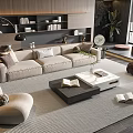 Modern Living Room Beige Sofa Coffee Table Set With Area Rug Floor Lamp And Plant