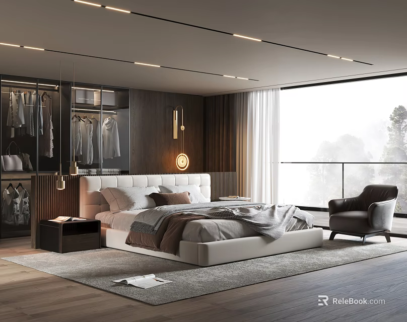 Modern Bedroom Interior With Large White Bed Dark Wood Wardrobe And Floor To Ceiling Window 3d model 