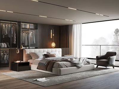 Modern Bedroom Interior With Large White Bed Dark Wood Wardrobe And Floor To Ceiling Window 3d model