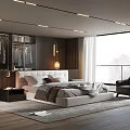 Modern Bedroom Interior With Large White Bed Dark Wood Wardrobe And Floor To Ceiling Window