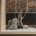 Indoor Landscape With Wooden Lattice Black Wall Orange Red Tree Stones White Pebbles And Lantern