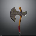 Decorative Ancient Axe with Intricate Ornate Patterns Orange Wooden Handle Red Grip 3D Rendering