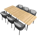 Modern Dining Table Set With Wooden Tabletop And Black Frame Woven Chairs Gray Cushions