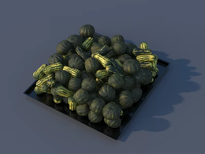 Wooden and Stone Decorative Tray Holding Green Pumpkins and Yellow Ropes 3d model