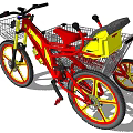 Red and Yellow Bicycle with Front and Rear Shopping Baskets and Large Wheels