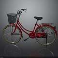 Red Bicycle With Black Front Basket Black Seat And Gold Rims On Reflective Surface