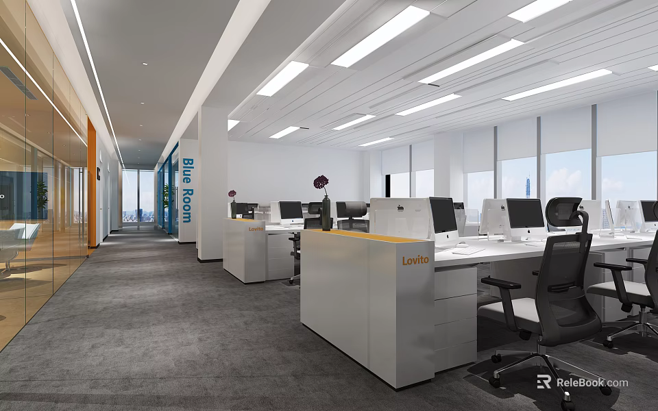 Public Office Space With Linear Ceiling Lights White Lexis Workstations Black Chairs And Large Windows 3d model 