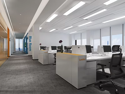 Public Office Space With Linear Ceiling Lights White Lexis Workstations Black Chairs And Large Windows 3d model