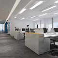 Public Office Space With Linear Ceiling Lights White Lexis Workstations Black Chairs And Large Windows