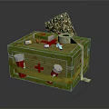 Wooden First Aid Kit With Red Cross Medicine Bottles Bandages And Tape