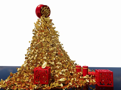 Vibrant Photo Check in Spot With Red Ball Pile Of Gold Coins And Red Boxes 3d model