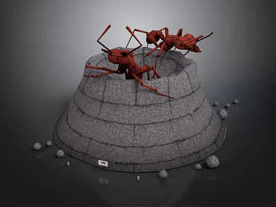 Detailed Red Ant 3D Models On Layered Conical Stone Platform With Small Stones 3d model
