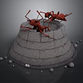 Detailed Red Ant 3D Models On Layered Conical Stone Platform With Small Stones