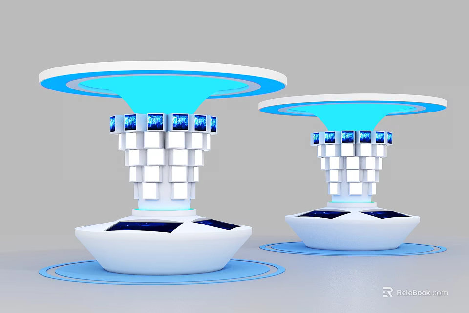 Modern White And Blue Illuminated Display Shelves With Circular Top And Multi Tier Design 3d model 