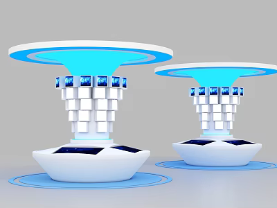 Modern White And Blue Illuminated Display Shelves With Circular Top And Multi Tier Design 3d model