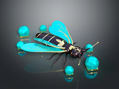 Turquoise Winged Wasp With Black And Yellow Stripes On Shiny Gemstone Background 3d model