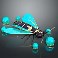Turquoise Winged Wasp With Black And Yellow Stripes On Shiny Gemstone Background