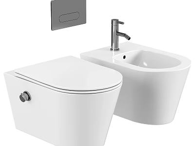 Modern White Wall Mounted Toilet With Bidet Chrome Faucet And Gray Flush Plate 3d model