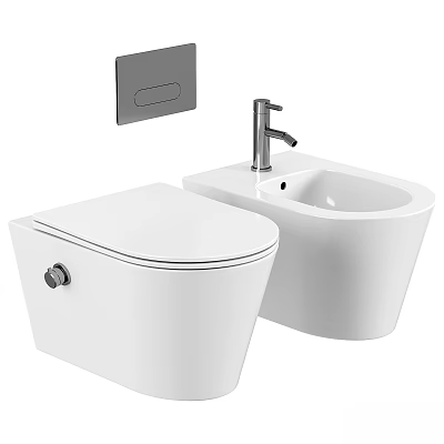 Modern White Wall Mounted Toilet With Bidet Chrome Faucet And Gray Flush Plate 3d model