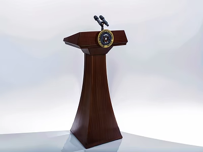 Wooden Podium with Dark Brown Finish Dual Microphones and Circular Emblem in Formal Presentation Setting 3d model