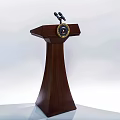 Wooden Podium with Dark Brown Finish Dual Microphones and Circular Emblem in Formal Presentation Setting